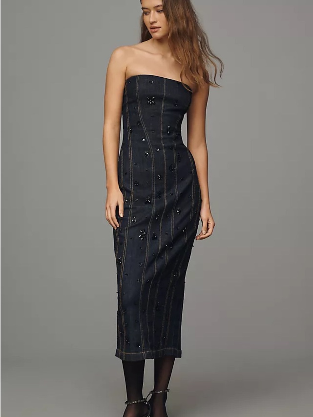 NWOT Anthropologie stretch denim beaded body con dress size XL
